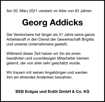 Traueranzeige von Georg Addicks von Nordwest-Zeitung