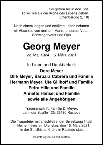Traueranzeige von Georg Meyer von Nordwest-Zeitung