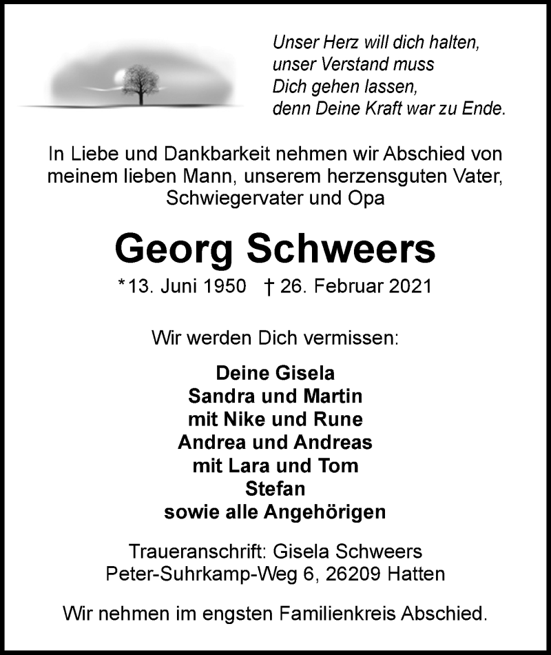  Traueranzeige für Georg Schweers vom 03.03.2021 aus Nordwest-Zeitung