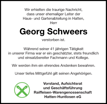 Traueranzeige von Georg Schweers von Nordwest-Zeitung