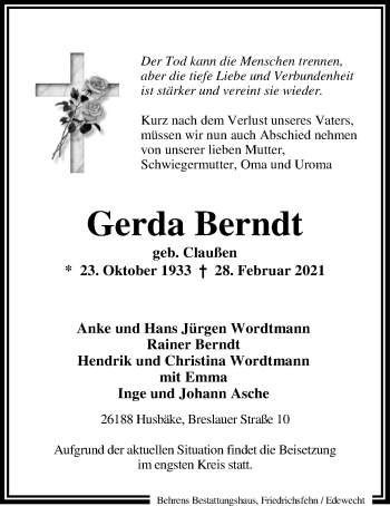 Traueranzeige von Gerda Berndt von Nordwest-Zeitung