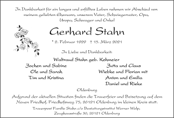 Traueranzeige von Gerhard Stahn von Nordwest-Zeitung