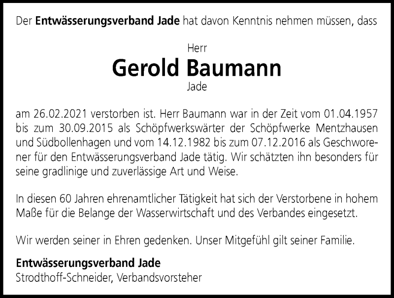  Traueranzeige für Gerold Baumann vom 09.03.2021 aus Nordwest-Zeitung