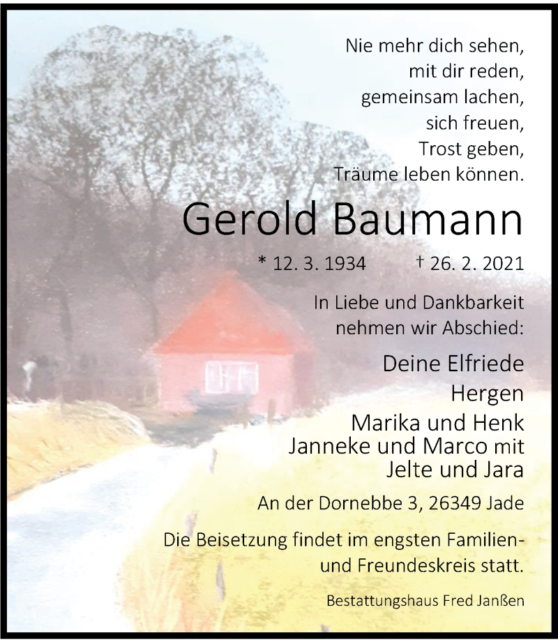  Traueranzeige für Gerold Baumann vom 06.03.2021 aus Nordwest-Zeitung