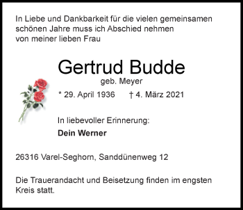 Traueranzeige von Gertrud Budde von Nordwest-Zeitung