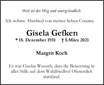 Traueranzeige von Gisela Gefken von Nordwest-Zeitung