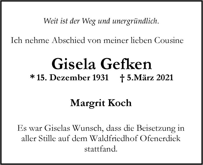  Traueranzeige für Gisela Gefken vom 19.03.2021 aus Nordwest-Zeitung
