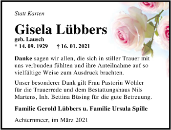 Traueranzeige von Gisela Lübbers von Nordwest-Zeitung