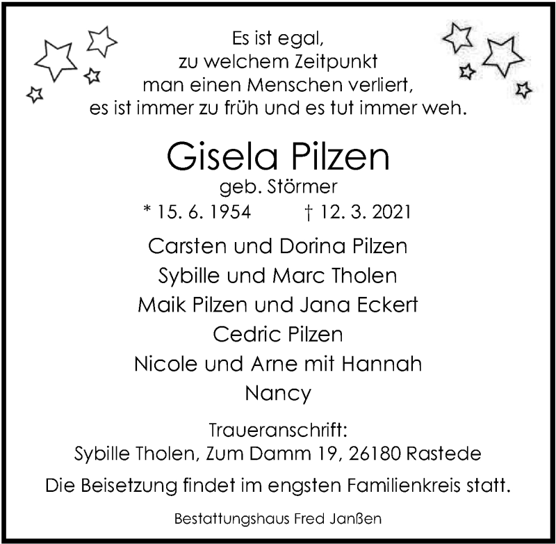  Traueranzeige für Gisela Pilzen vom 16.03.2021 aus Nordwest-Zeitung