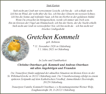 Traueranzeige von Gretchen Kommelt von Nordwest-Zeitung