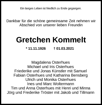 Traueranzeige von Gretchen Kommelt von Nordwest-Zeitung