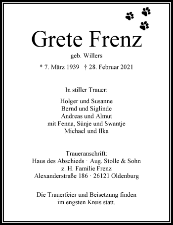 Traueranzeige von Grete Frenz von Nordwest-Zeitung