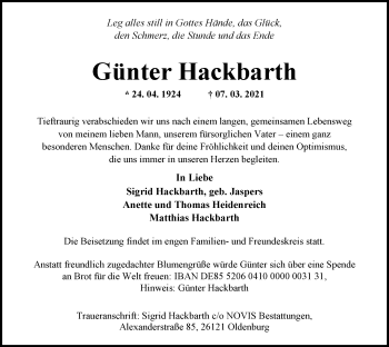 Traueranzeige von Günter Hackbarth von Nordwest-Zeitung