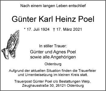 Traueranzeige von Günter Karl Heinz Poel von Nordwest-Zeitung