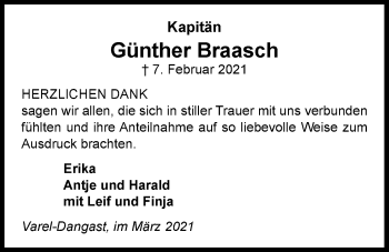 Traueranzeige von Günther Braasch von Nordwest-Zeitung