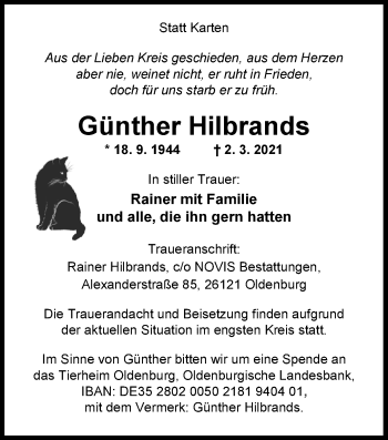 Traueranzeige von Günther Hilbrands von Nordwest-Zeitung