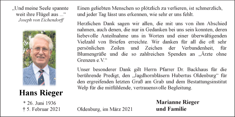  Traueranzeige für Hans Rieger vom 13.03.2021 aus Nordwest-Zeitung