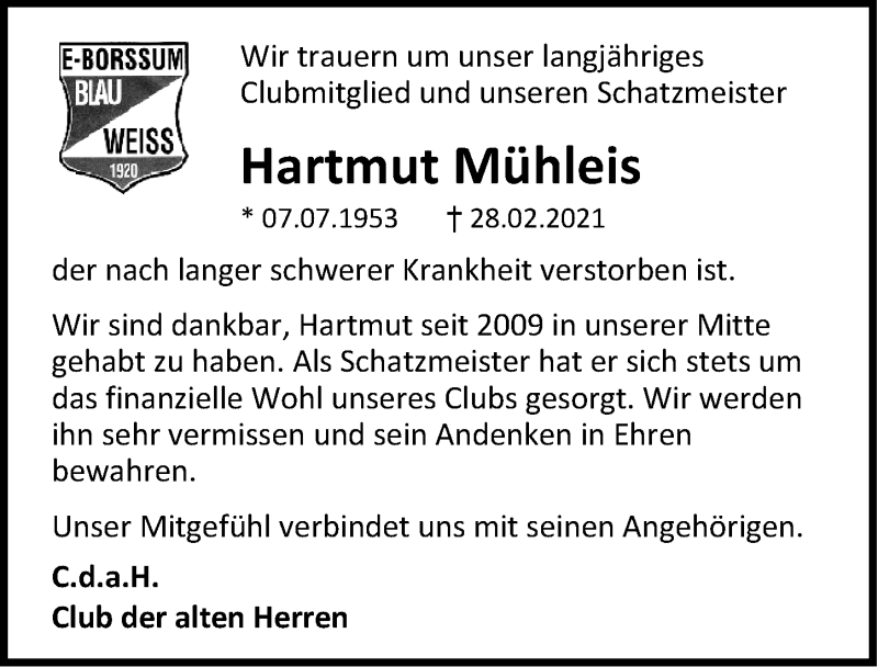  Traueranzeige für Hartmut Mühleis vom 04.03.2021 aus Emder Zeitung