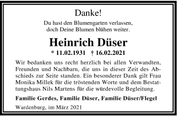 Traueranzeige von Heinrich Düser von Nordwest-Zeitung