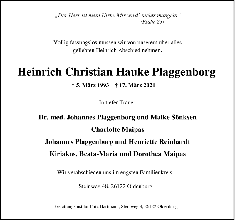  Traueranzeige für Heinrich Christian Hauke Plaggenborg vom 20.03.2021 aus Nordwest-Zeitung
