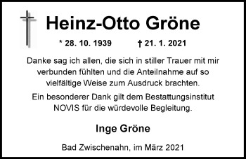 Traueranzeige von Heinz-Otto Gröne von Nordwest-Zeitung