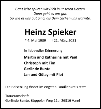 Traueranzeige von Heinz Spieker von Nordwest-Zeitung