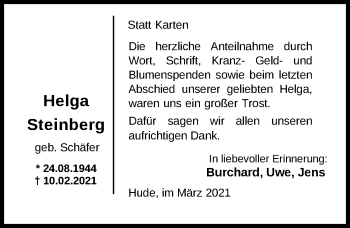 Traueranzeige von Helga Steinberg von Nordwest-Zeitung