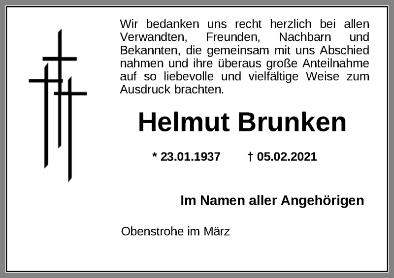  Traueranzeige für Helmut Brunken vom 27.03.2021 aus Nordwest-Zeitung