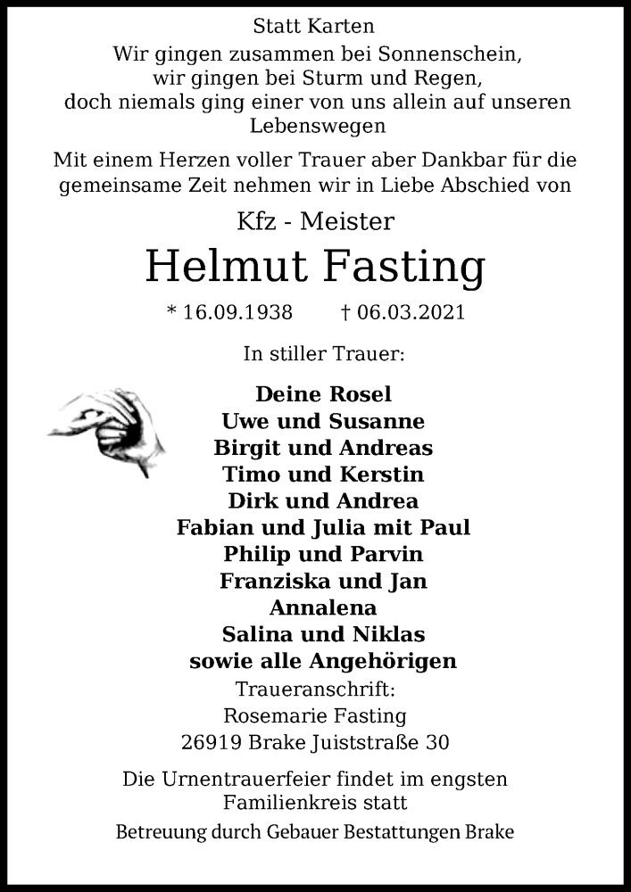  Traueranzeige für Helmut Fasting vom 11.03.2021 aus Nordwest-Zeitung