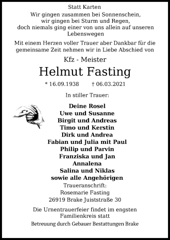Traueranzeige von Helmut Fasting von Nordwest-Zeitung