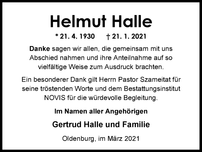  Traueranzeige für Helmut Halle vom 06.03.2021 aus Nordwest-Zeitung