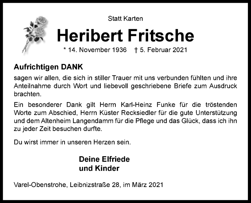  Traueranzeige für Heribert Fritsche vom 23.03.2021 aus Nordwest-Zeitung