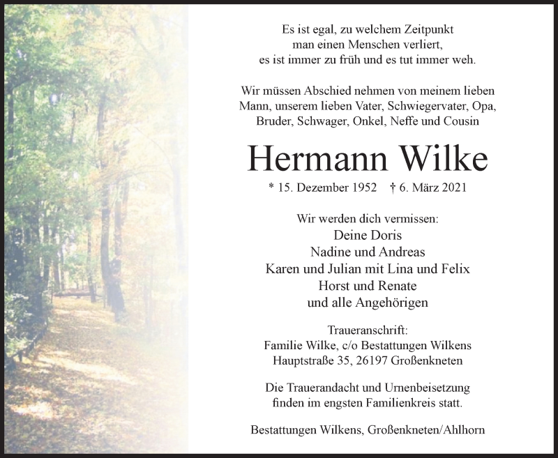  Traueranzeige für Hermann Wilke vom 10.03.2021 aus Nordwest-Zeitung