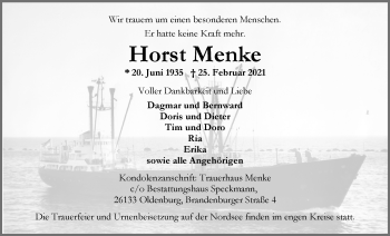 Traueranzeige von Horst Menke von Nordwest-Zeitung