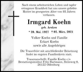 Traueranzeige von Irmgard Koehn von Nordwest-Zeitung