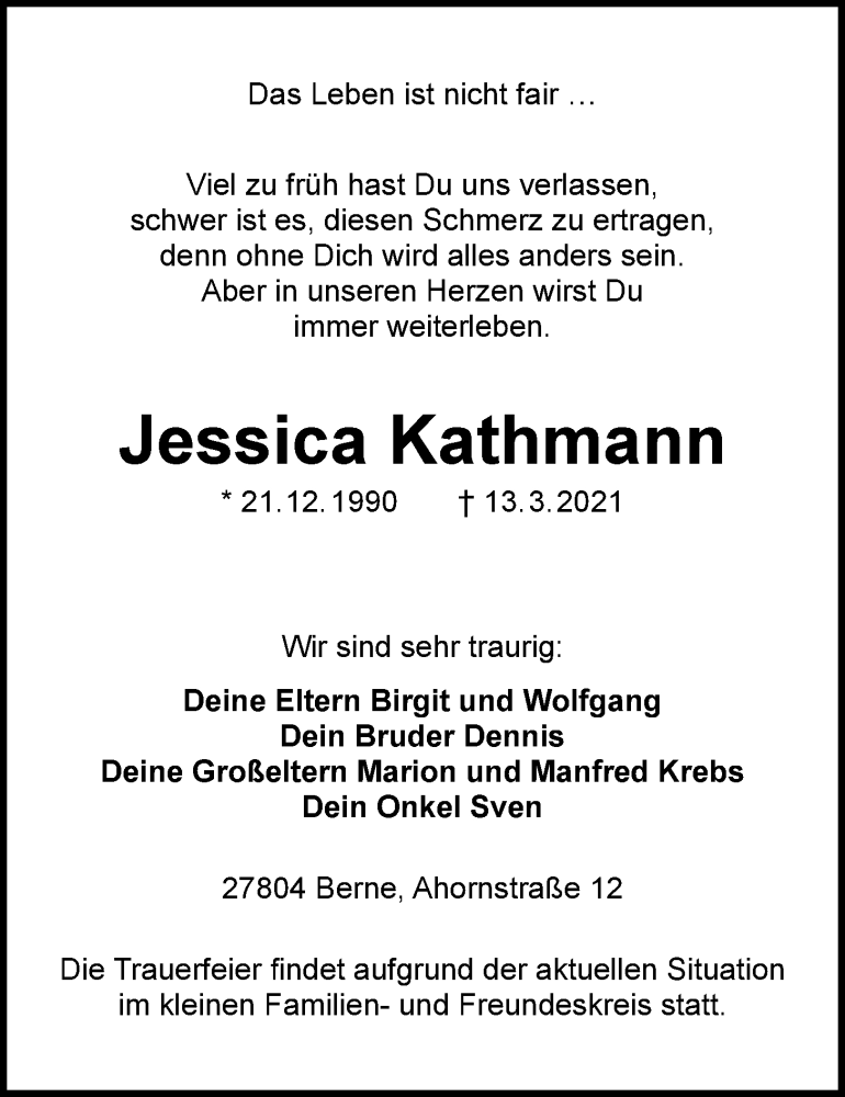 Traueranzeige für Jessica Kathmann vom 18.03.2021 aus Nordwest-Zeitung