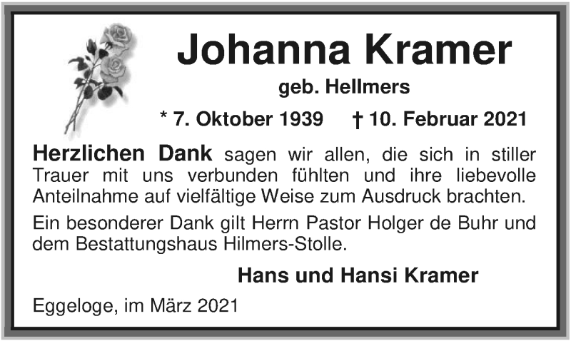  Traueranzeige für Johanna Kramer vom 12.03.2021 aus Nordwest-Zeitung