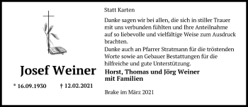 Traueranzeige von Josef Weiner von Nordwest-Zeitung