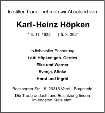 Traueranzeige von Karl-Heinz Höpken von Nordwest-Zeitung