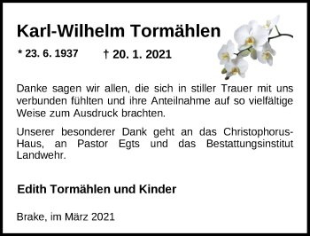 Traueranzeige von Karl-Wilhelm Tormälen von Nordwest-Zeitung