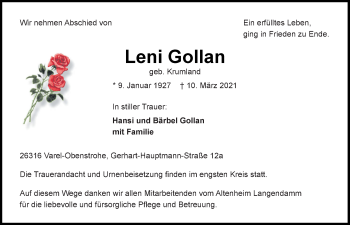 Traueranzeige von Leni Gollan von Nordwest-Zeitung