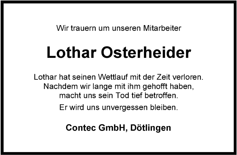  Traueranzeige für Lothar Osterheider vom 04.03.2021 aus Nordwest-Zeitung