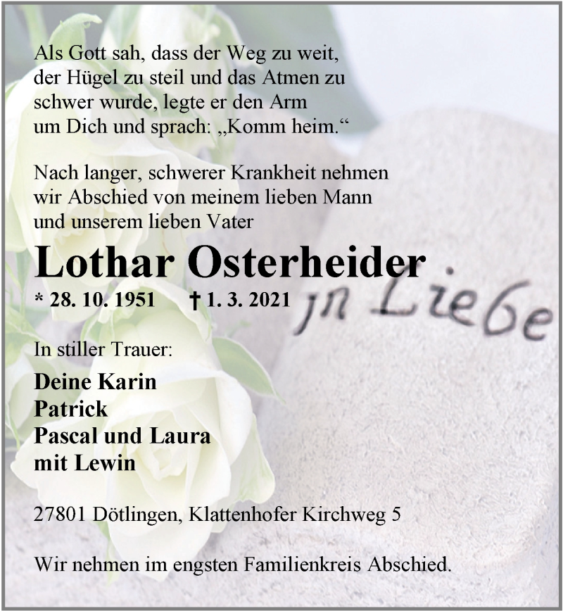  Traueranzeige für Lothar Osterheider vom 04.03.2021 aus Nordwest-Zeitung