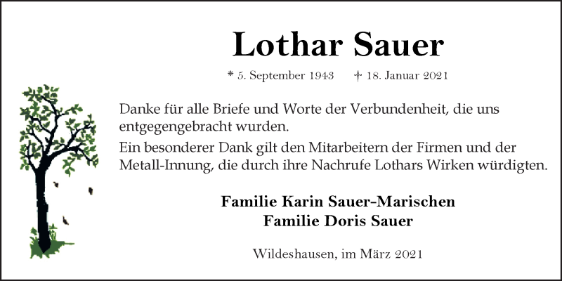  Traueranzeige für Lothar Sauer vom 19.03.2021 aus Nordwest-Zeitung