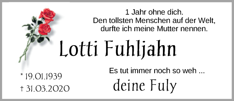  Traueranzeige für Lotti Fuhljahn vom 31.03.2021 aus Nordwest-Zeitung