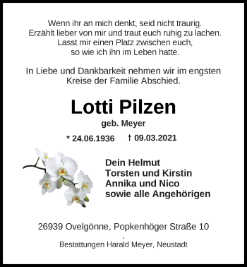 Traueranzeige von Lotti Pilzen von Nordwest-Zeitung