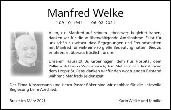 Traueranzeige von Manfred Welke von Nordwest-Zeitung