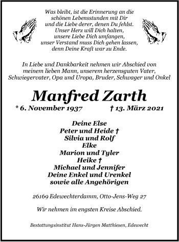 Traueranzeige von Manfred Zarth von Nordwest-Zeitung
