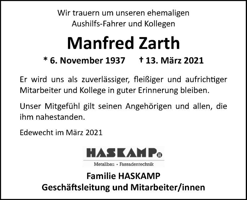  Traueranzeige für Manfred Zarth vom 19.03.2021 aus Nordwest-Zeitung