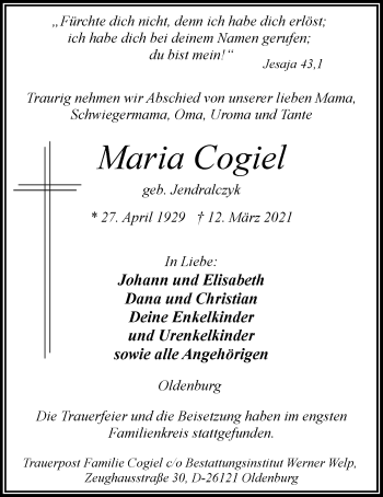 Traueranzeige von Maria Cogiel von Nordwest-Zeitung